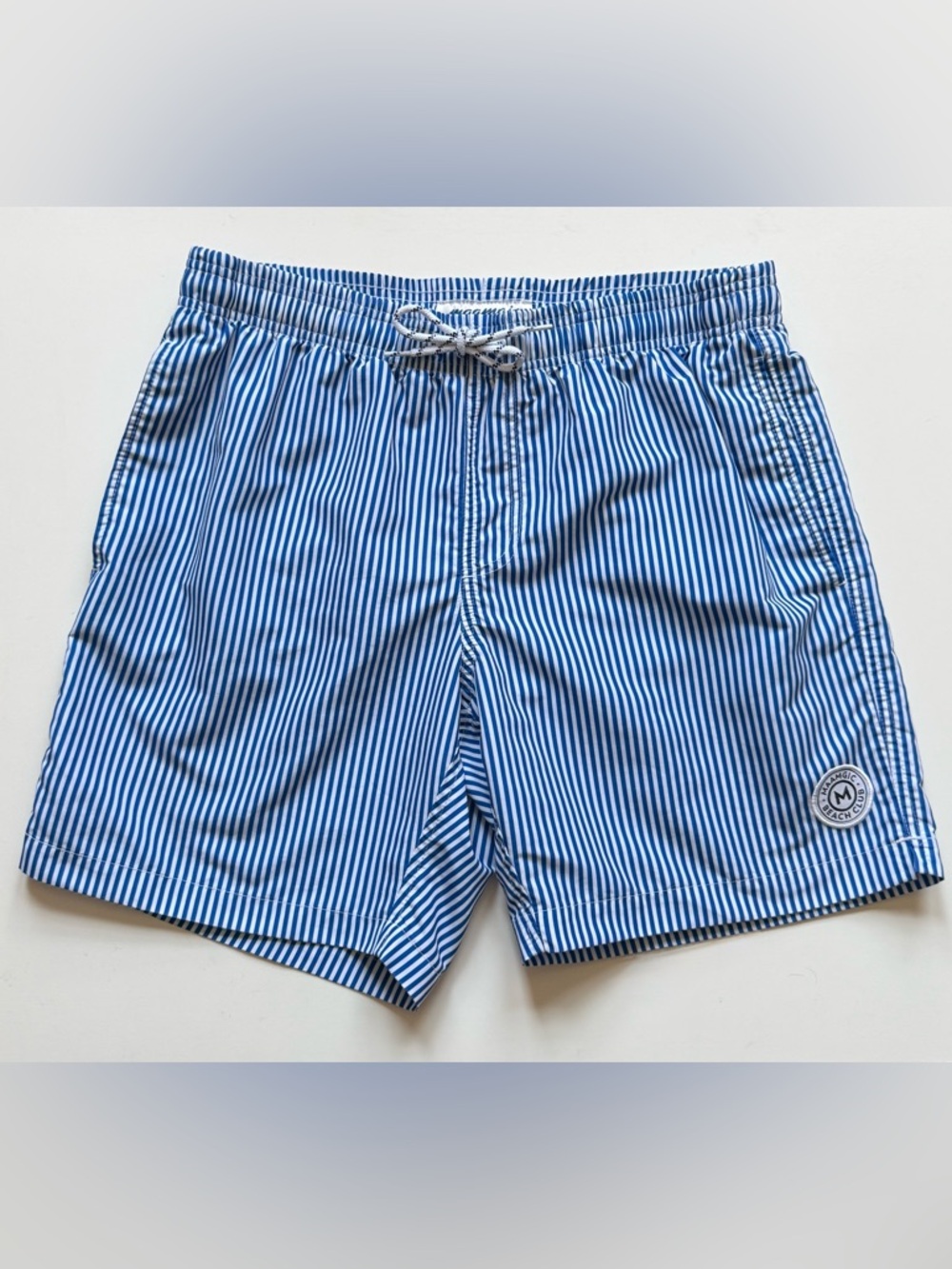 Maamgic Mens 7” Striped Blue & White Swim Trunks - Size M